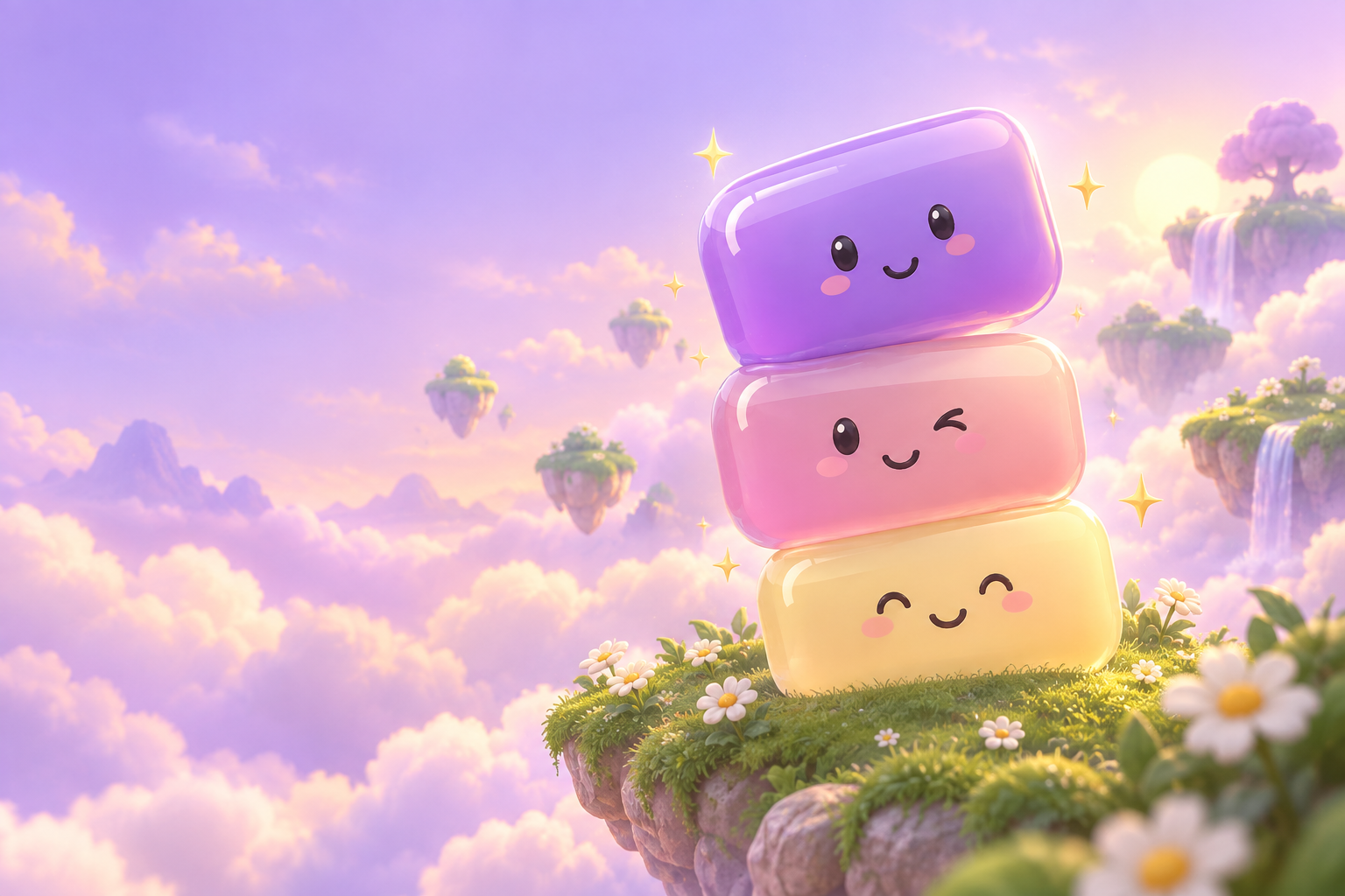 Three happy pastel jellies on a dreamy floating island